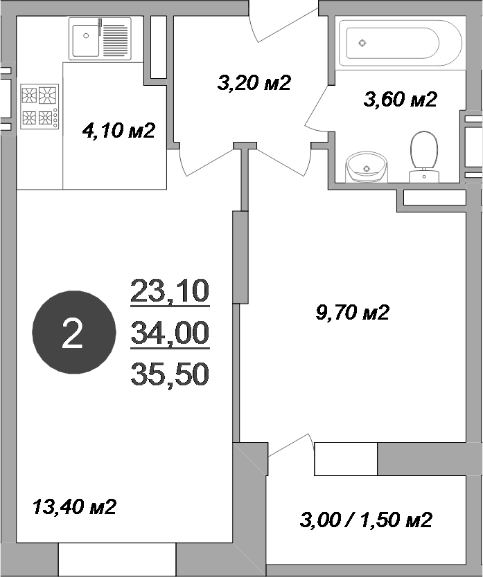 Планировка — Новые Островцы, 2-комн., 34 м²