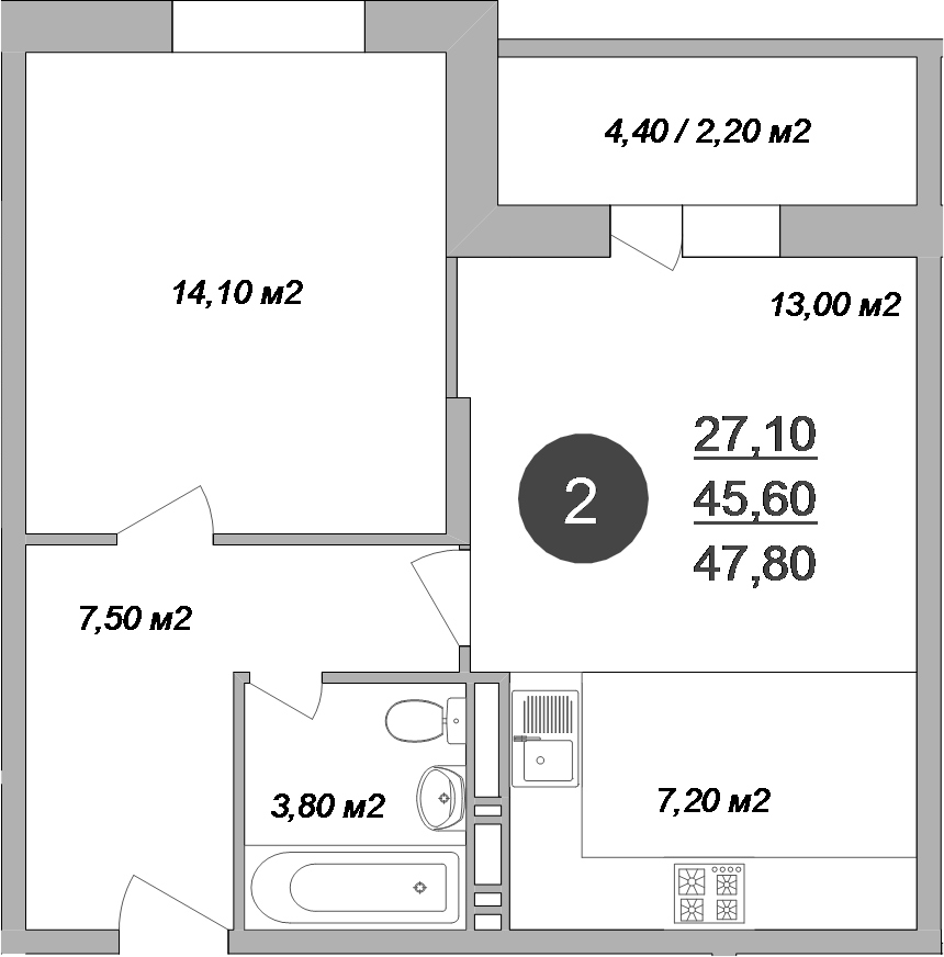 Планировка — Новые Островцы, 2-комн., 46 м²