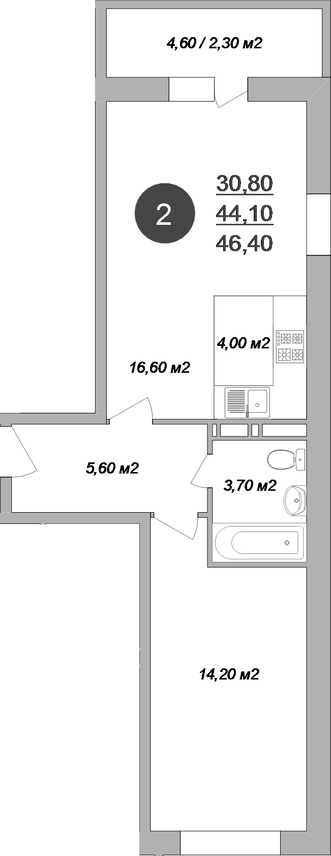 Планировка — Новые Островцы, 2-комн., 44 м²