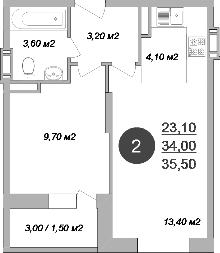 Планировка — Новые Островцы, 2-комн., 34 м²