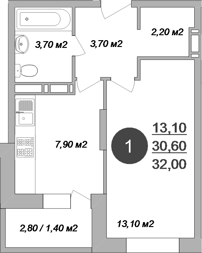Планировка — Новые Островцы, 1-комн., 31 м²