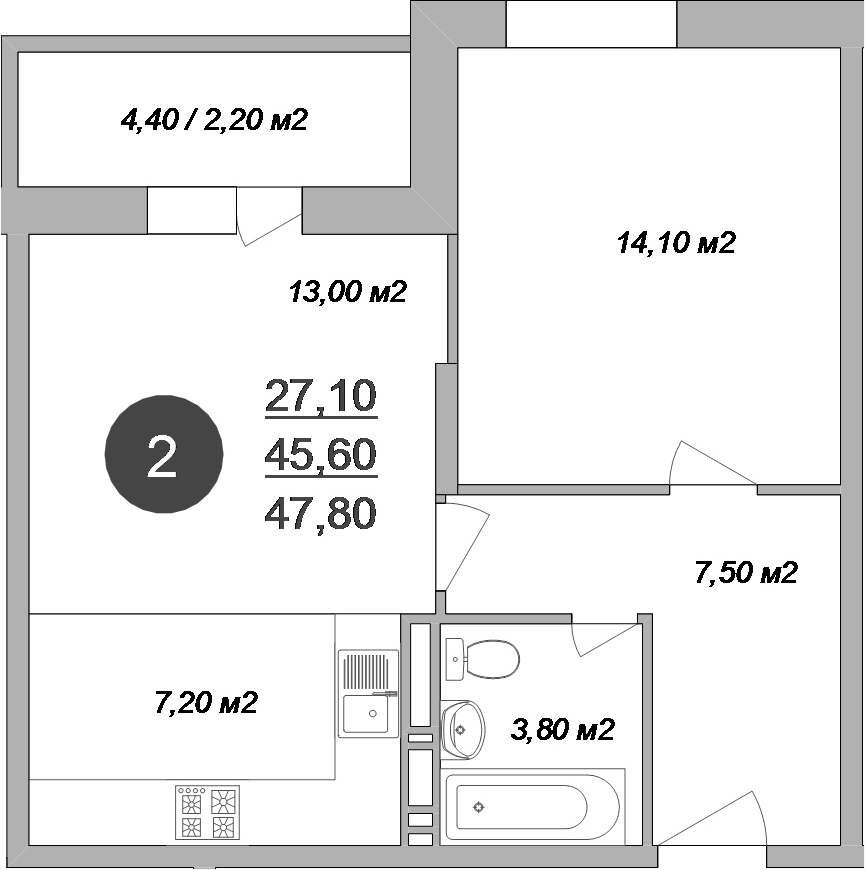Планировка — Новые Островцы, 2-комн., 46 м²
