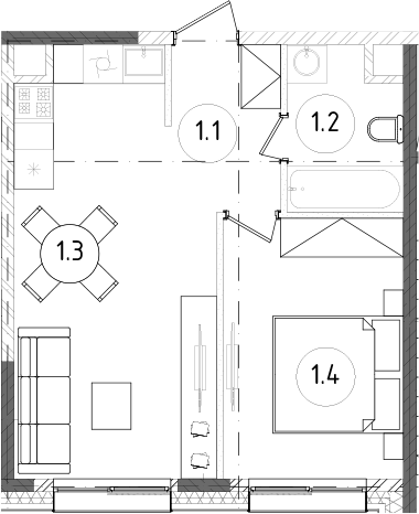 Планировка — Зорге, 9, 2-комн., 39 м²
