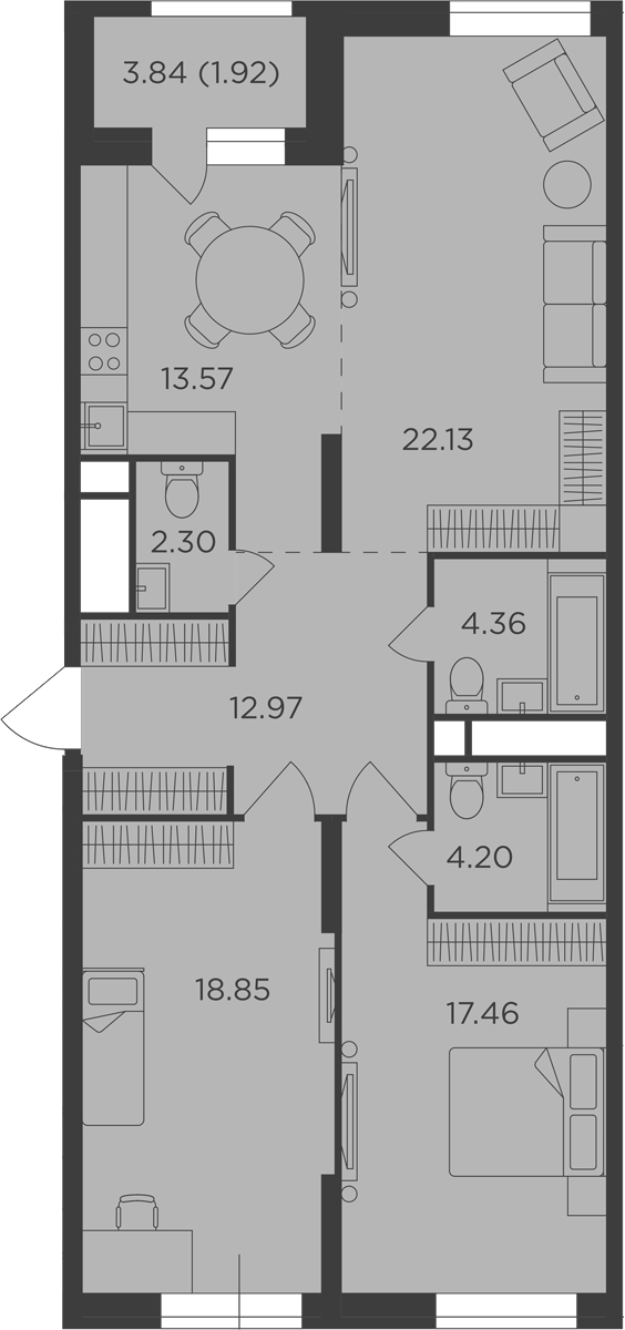 Планировка — Кутузов Град, 3-комн., 94 м²
