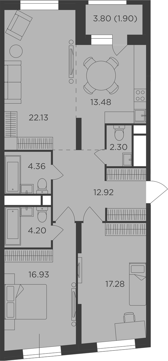 Планировка — Кутузов Град, 3-комн., 92 м²