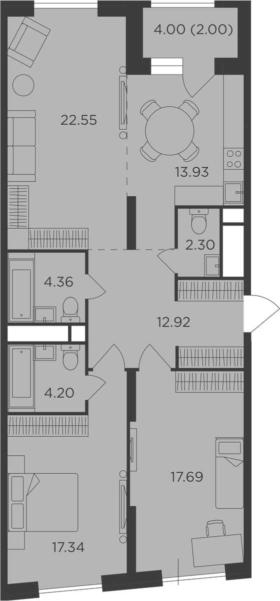Планировка — Кутузов Град, 3-комн., 92 м²