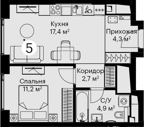 Планировка — Сити Бэй, 2-комн., 41 м²