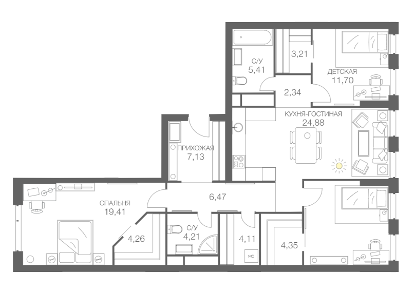 Планировка — HEADLINER, 4-комн., 113 м²