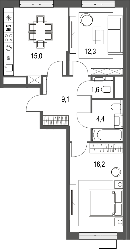 Планировка — Сиреневый парк, 3-комн., 59 м²
