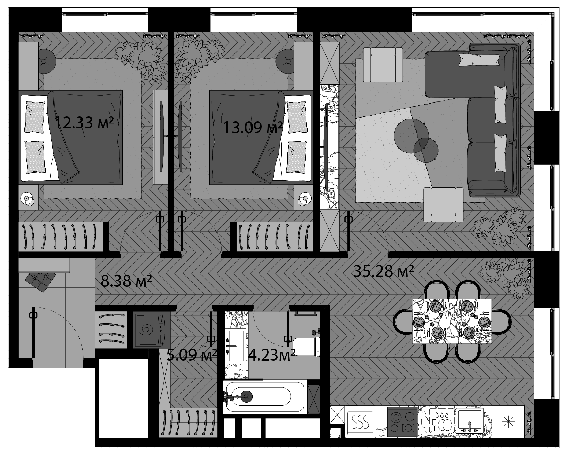 Планировка — Зорге, 9, 3-комн., 78 м²