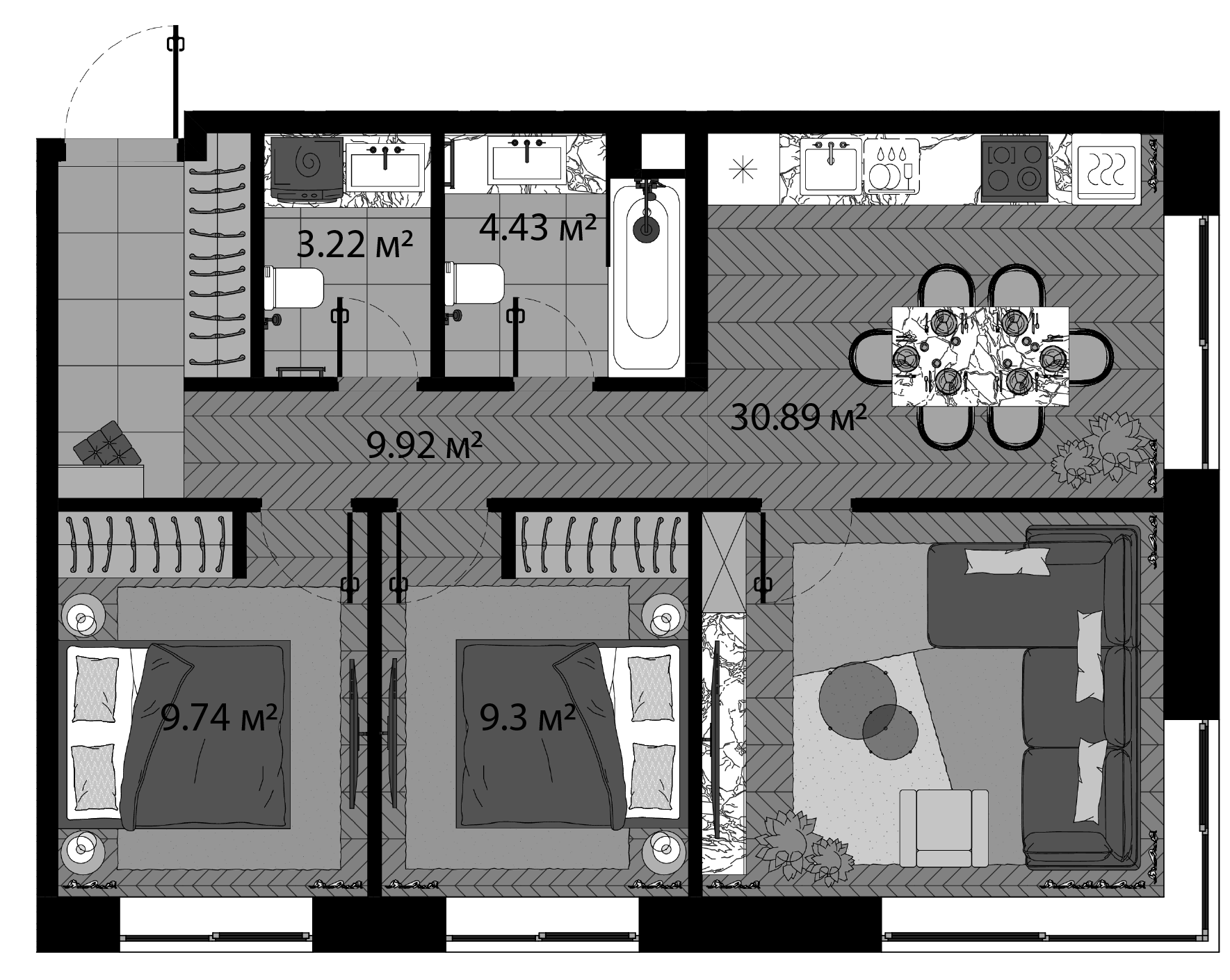 Планировка — Зорге, 9, 3-комн., 68 м²