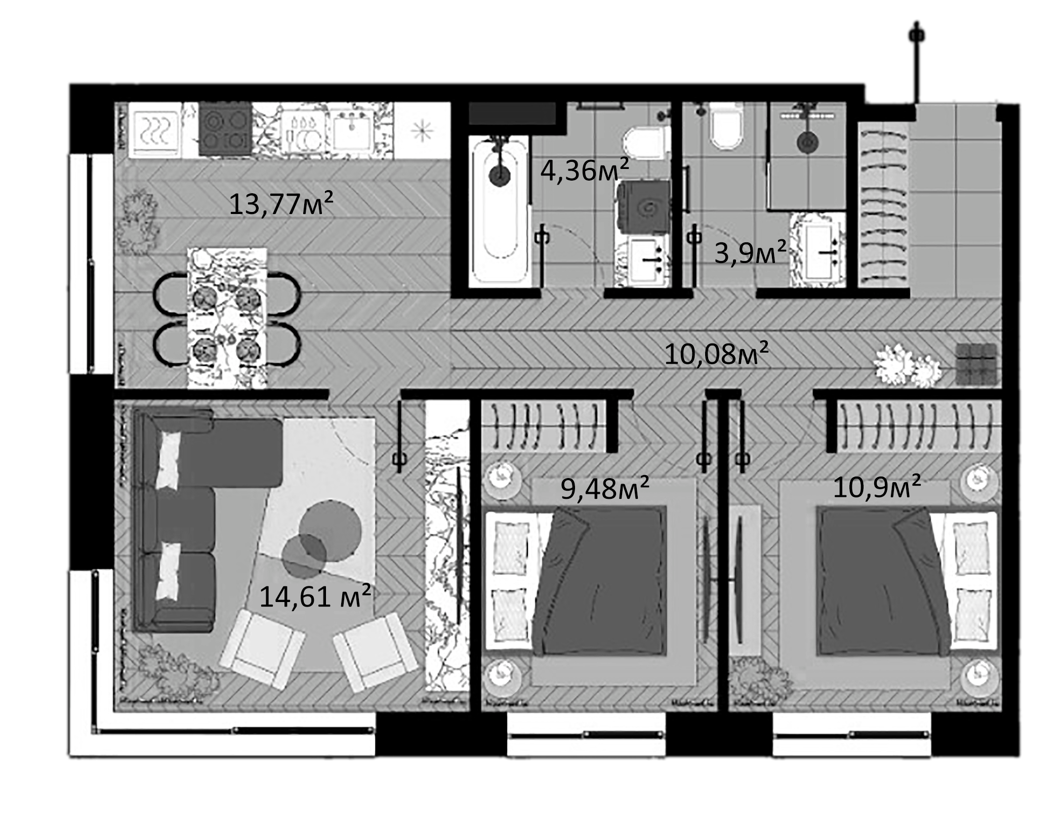 Планировка — Зорге, 9, 3-комн., 67 м²