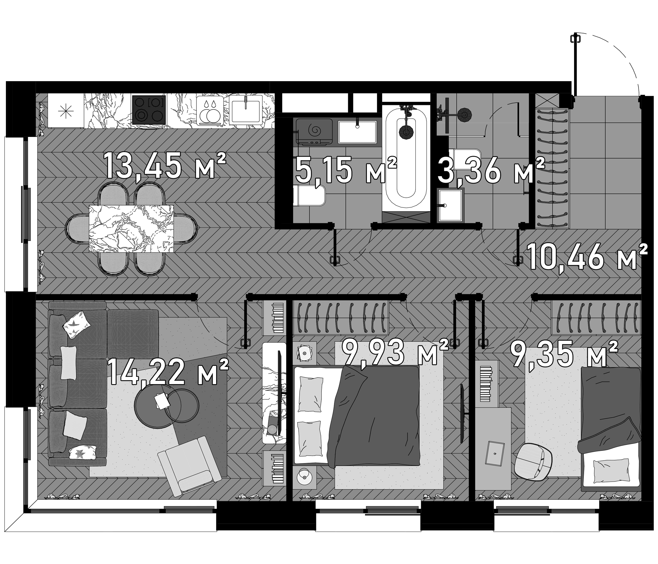 Планировка — Зорге, 9, 3-комн., 67 м²