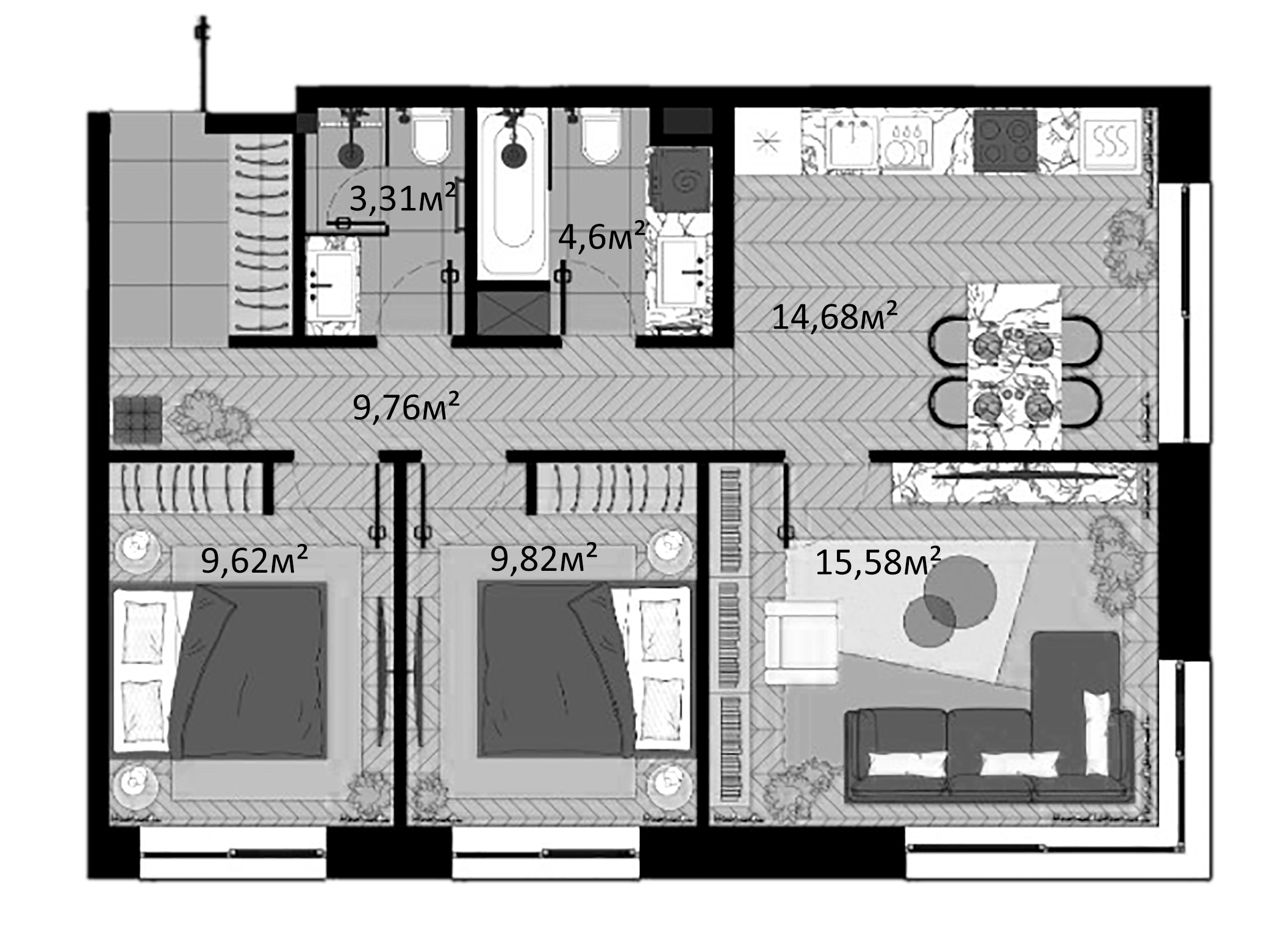 Планировка — Зорге, 9, 3-комн., 67 м²