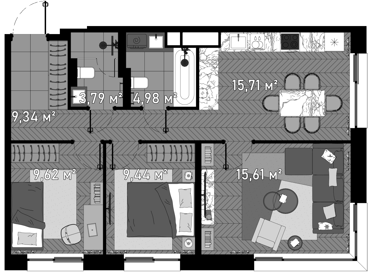 Планировка — Зорге, 9, 4-комн., 70 м²