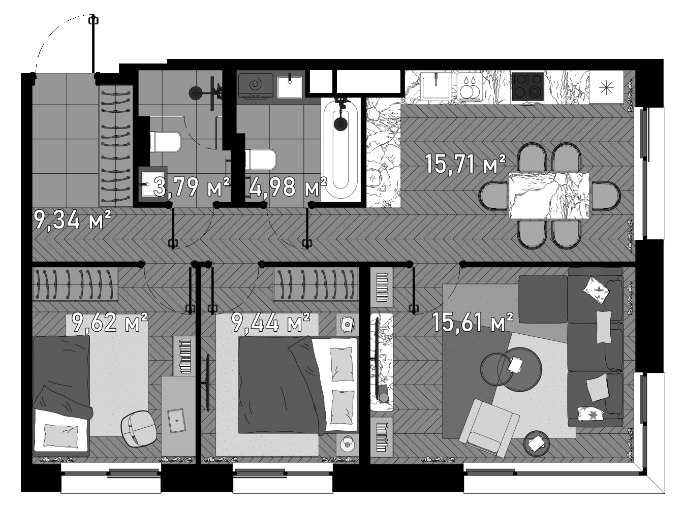 Планировка — Зорге, 9, 4-комн., 70 м²