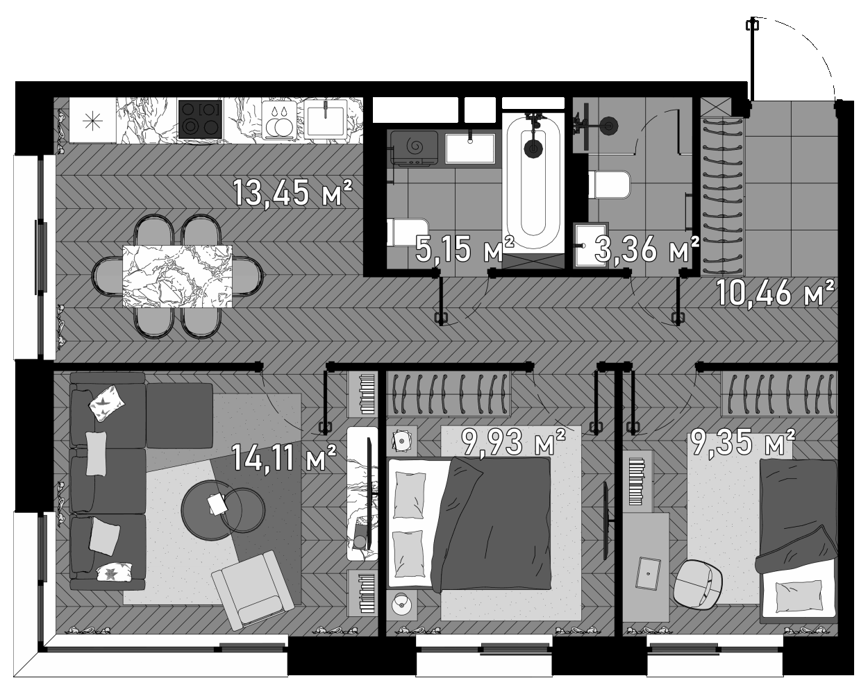 Планировка — Зорге, 9, 3-комн., 67 м²