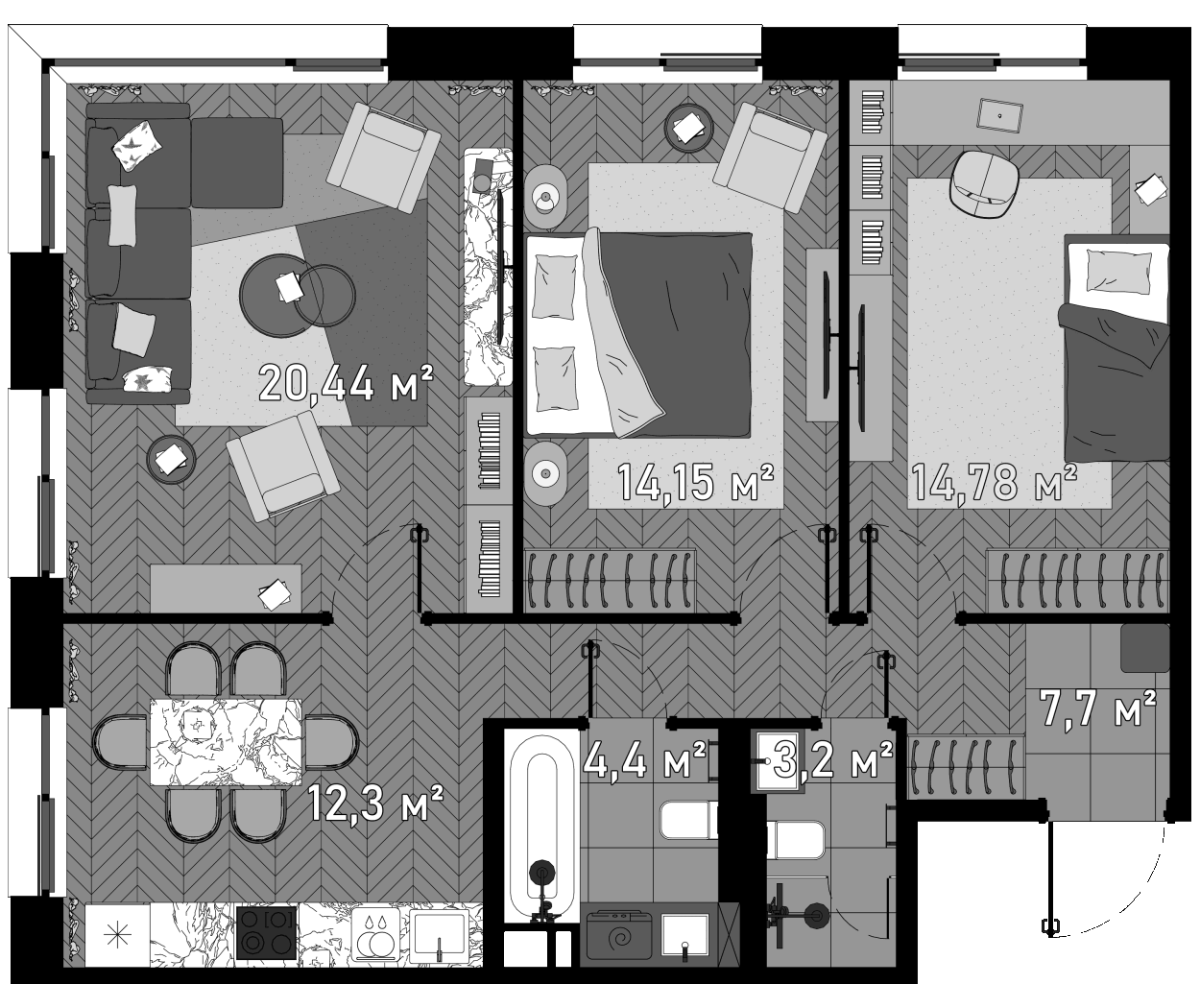 Планировка — Зорге, 9, 3-комн., 79 м²
