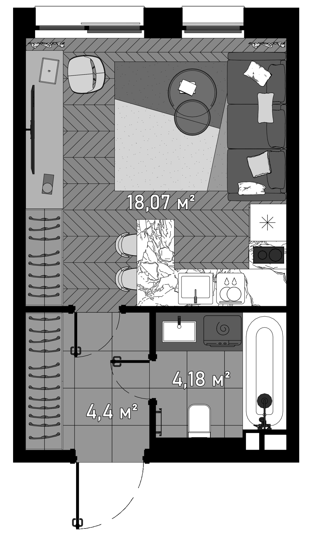 Планировка — Зорге, 9, Студия, 27 м²