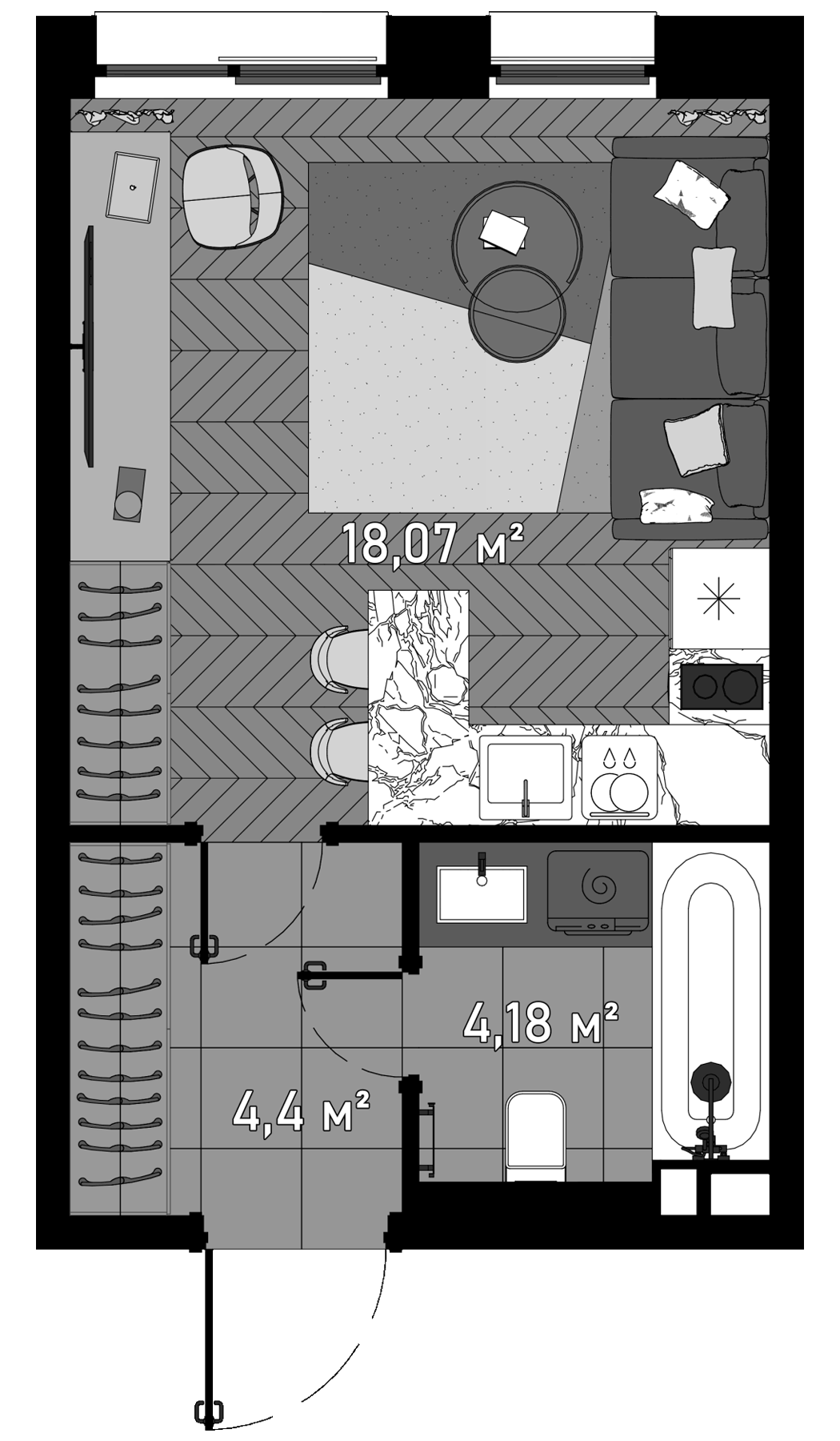 Планировка — Зорге, 9, Студия, 28 м²