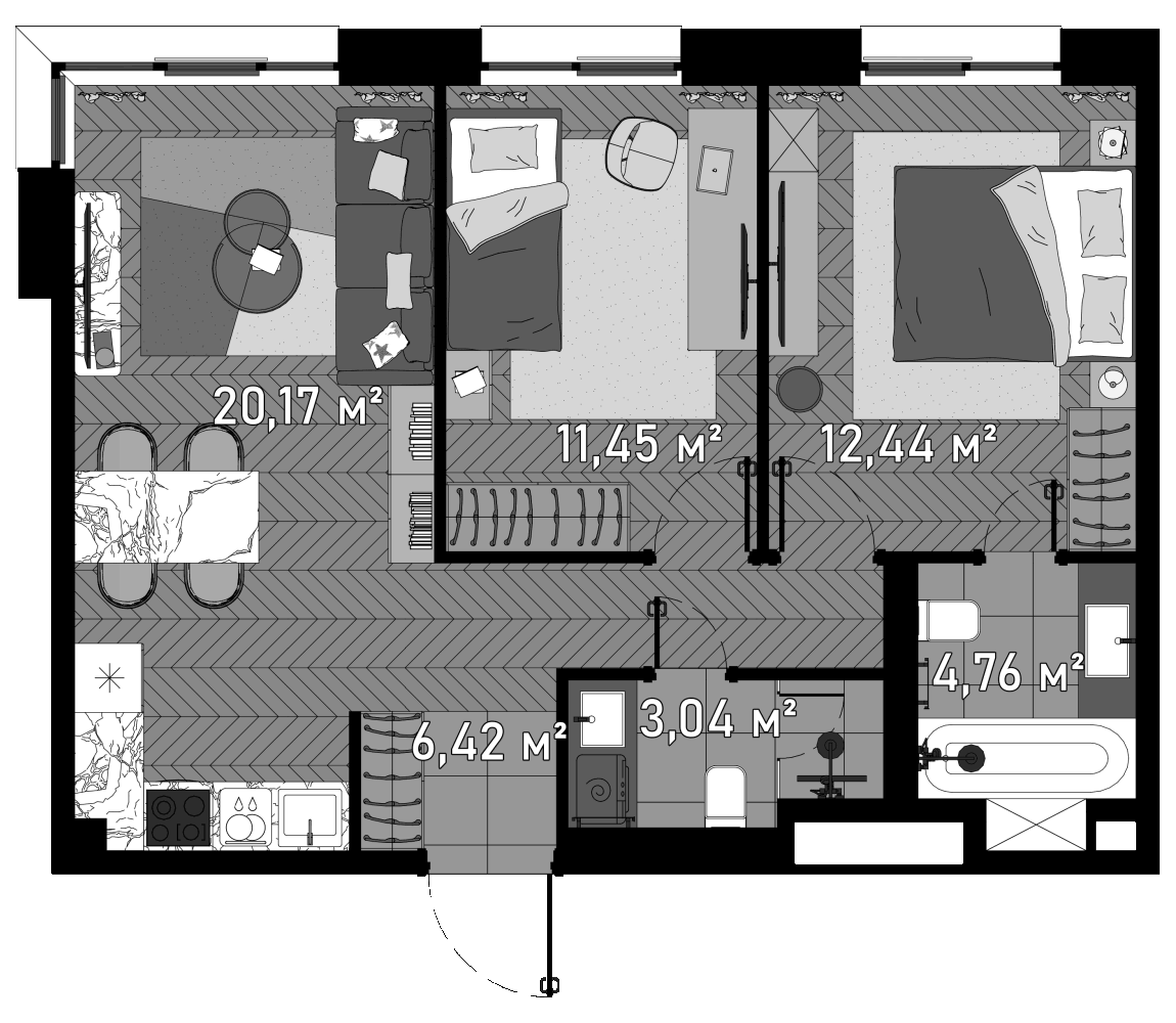Планировка — Зорге, 9, 3-комн., 60 м²