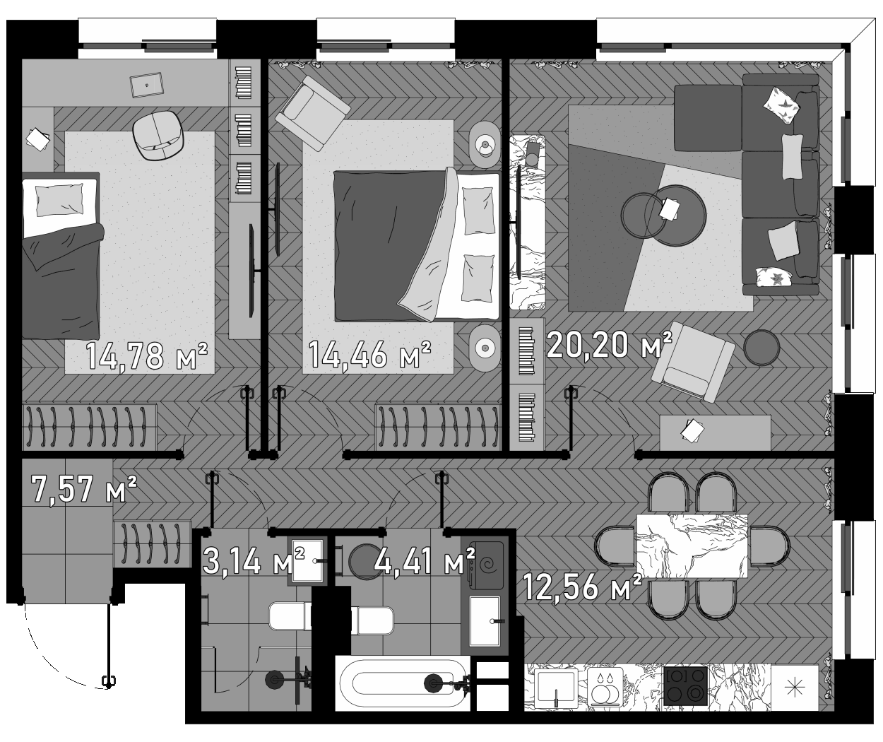 Планировка — Зорге, 9, 3-комн., 79 м²