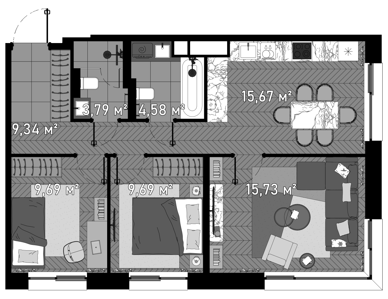 Планировка — Зорге, 9, 4-комн., 70 м²