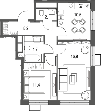 Планировка — Сиреневый парк, 2-комн., 55 м²