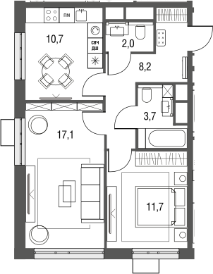 Планировка — Сиреневый парк, 2-комн., 55 м²