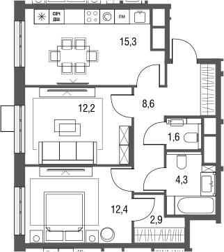 Планировка — Сиреневый парк, 3-комн., 59 м²