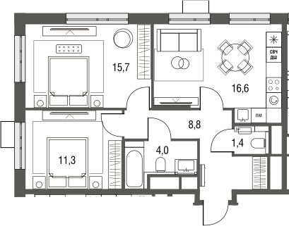 Планировка — Сиреневый парк, 3-комн., 60 м²
