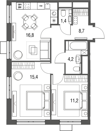 Планировка — Сиреневый парк, 3-комн., 58 м²