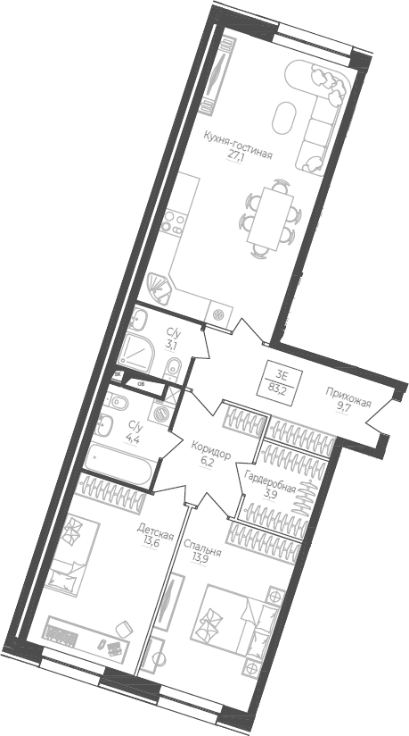 Планировка — Monodom Lake, 3-комн., 83 м²