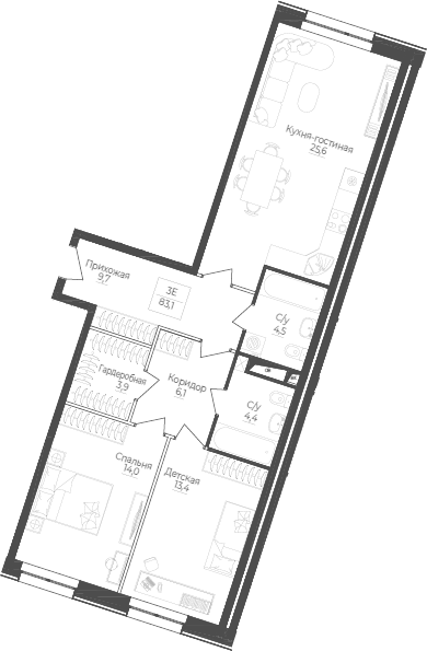 Планировка — Monodom Lake, 3-комн., 83 м²