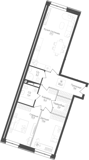 Планировка — Monodom Lake, 3-комн., 83 м²