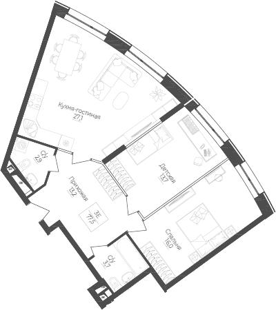 Планировка — Monodom Lake, 3-комн., 78 м²