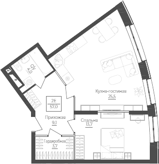 Планировка — Monodom Lake, 2-комн., 57 м²