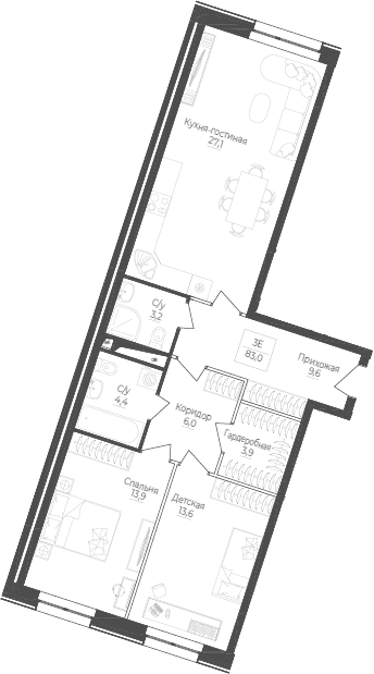 Планировка — Monodom Lake, 3-комн., 84 м²