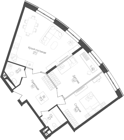 Планировка — Monodom Lake, 3-комн., 78 м²
