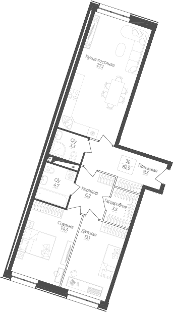 Планировка — Monodom Lake, 3-комн., 84 м²