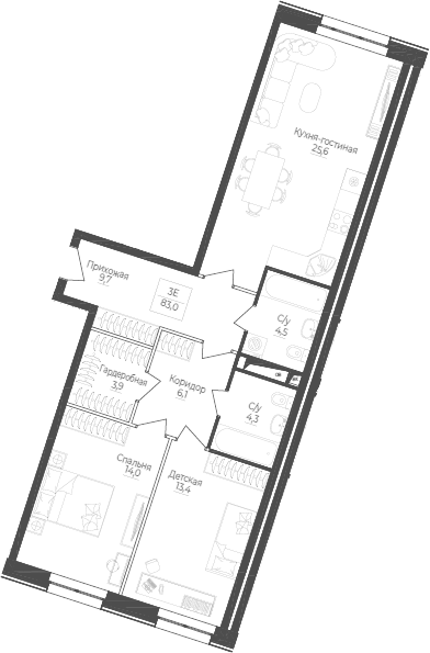Планировка — Monodom Lake, 3-комн., 83 м²