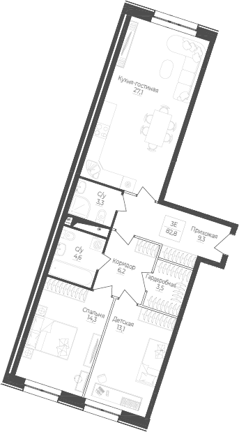 Планировка — Monodom Lake, 3-комн., 84 м²