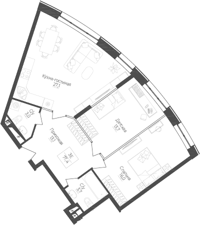 Планировка — Monodom Lake, 3-комн., 77 м²