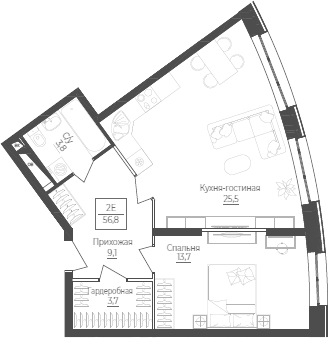 Планировка — Monodom Lake, 2-комн., 57 м²