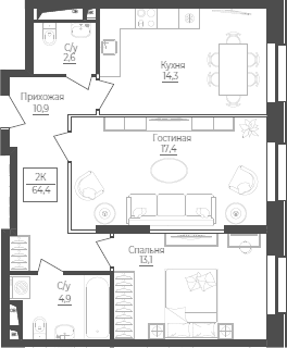 Планировка — Monodom Lake, 2-комн., 64 м²