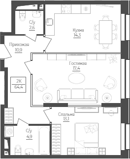 Планировка — Monodom Lake, 2-комн., 64 м²