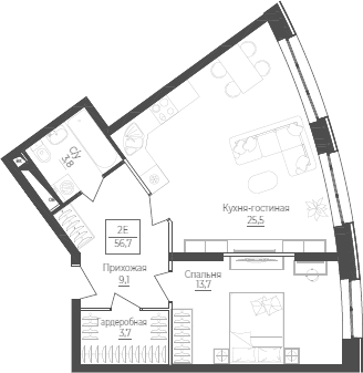 Планировка — Monodom Lake, 2-комн., 57 м²