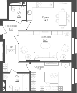 Планировка — Monodom Lake, 2-комн., 64 м²