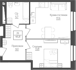Планировка — Monodom Lake, 2-комн., 47 м²