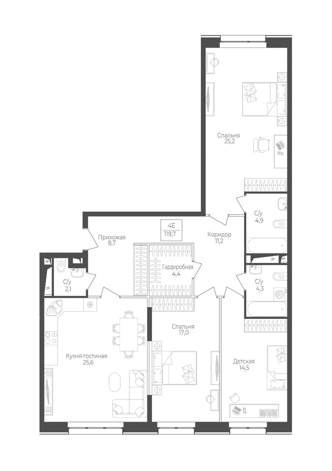 Планировка — Monodom Lake, 4-комн., 122 м²